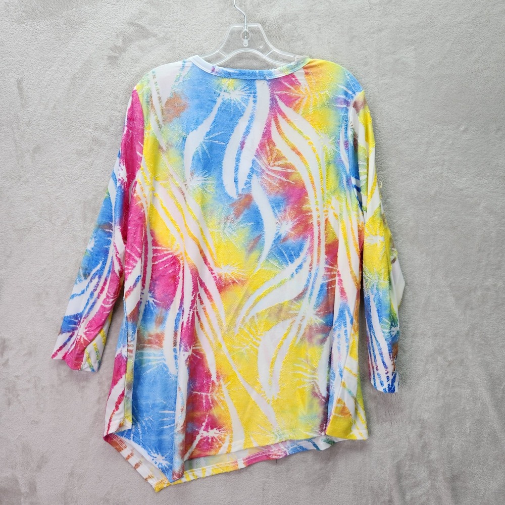 Calessa Tunic Womens Large Bright Burnout Tie Dye Top Asymmetrical Hem Artsy New - Picture 3 of 8